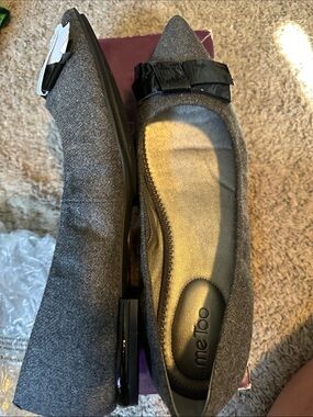 me too Gray Felt Pointed Toe Flats with Black Patent Bow